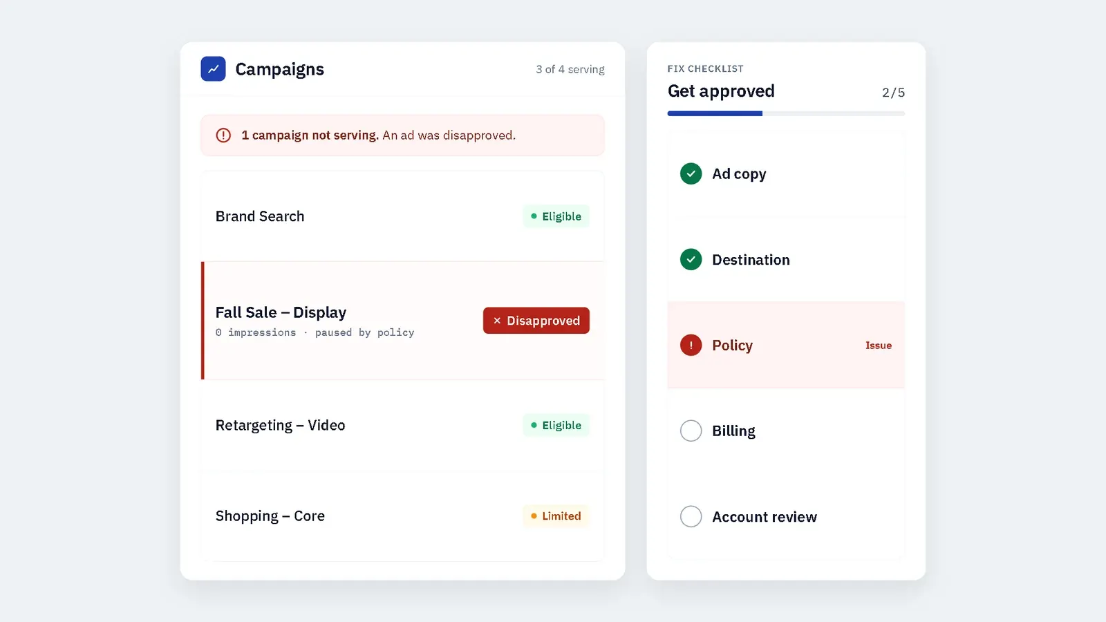 Google Ads disapproved: reviewing ad copy, destination, policy, billing, and account issues
