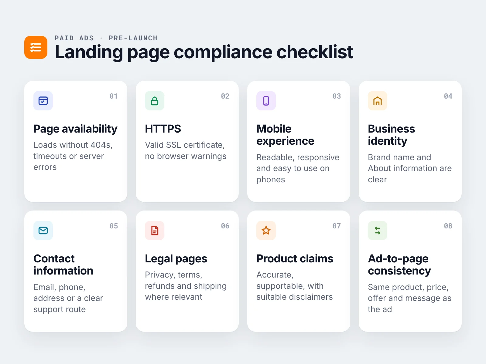 Landing page compliance checklist for paid ads including HTTPS, mobile experience, and business identity